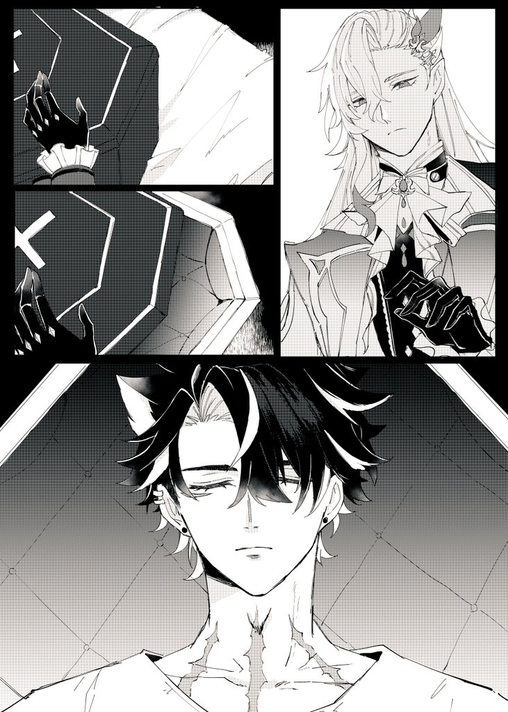 this is a black and white manga image. it depicts a young, slender man with long black hair. he has a sad expression on his face. he is lying with his head resting on a coffin. the image is dark and shadowy, creating a somber and mysterious atmosphere.