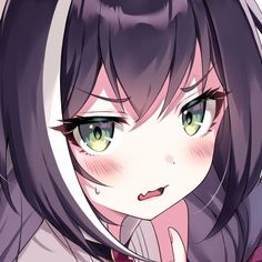 the image is a closeup illustration of an anime girl with a frustrated expression. she has dark purple hair with white streaks, cat ears, and green eyes. her cheeks are flushed, and her mouth is slightly open as if she is about to speak. the background is not detailed and suggests an indoor setting.  the lighting is soft and emphasizes the character's features.
