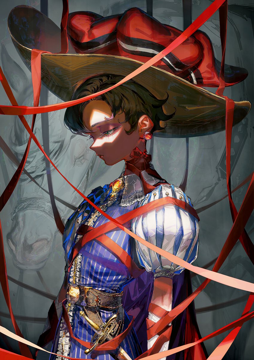 the image shows an anime girl dressed in a blue and white outfit, with a red hat and a lot of red ribbons. she has dark hair and brown eyes, she's looking down, and a lot of red ribbon is tied around her neck and waist, she's very beautiful, but her expression is very sad. the background is a grey and white color, which makes the colors of the girl's outfit stand out even more. overall, the image is very beautiful and delicate. the girl's expression is full of sadness, and the ribbons are tied around her in a way that suggests she is being held captive. this creates a sense of mystery and sadness, but also hope. the girl's beauty and the elegance of her outfit are what make this image so captivating.