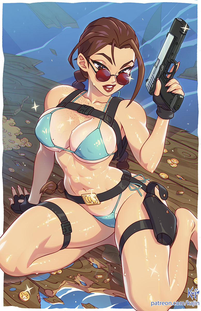 the image shows a cartoon drawing of lara croft wearing a bikini and holding a gun. she is wearing sunglasses and has her hair in a braid. she is sitting on a wooden surface with coins scattered around.