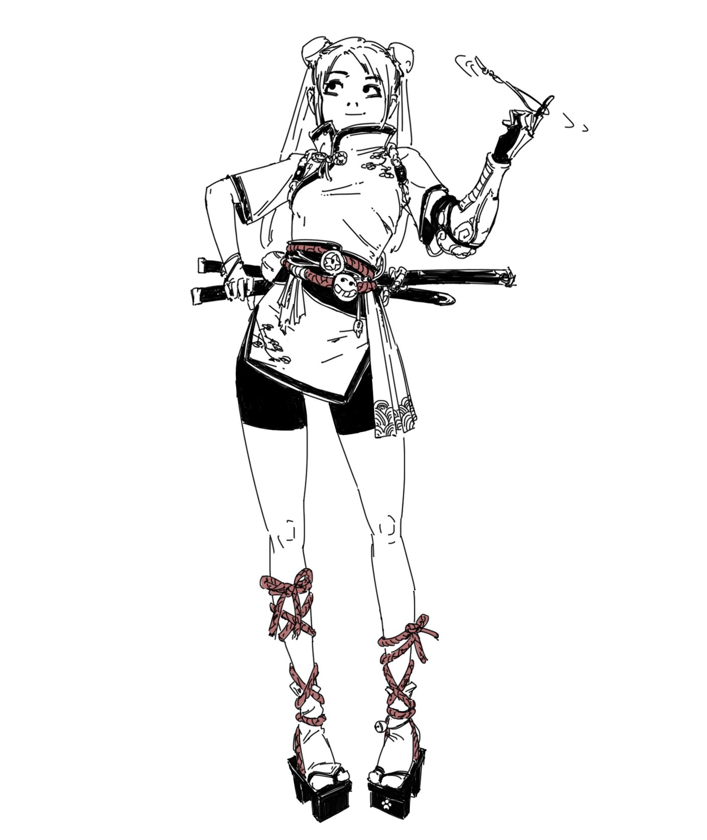 he image is a black and white line drawing of an animestyle girl. she is dressed in a stylized outfit that blends traditional japanese elements with modern flair.  she wears a short, loosefitting top reminiscent of a chinesestyle shirt, paired with dark shorts and geta sandals tied with rope.  she carries two katanas at her waist, and her posture suggests confidence or a slight air of mischief. the style is reminiscent of manga or anime illustration. the background is plain white, emphasizing the figure itself.