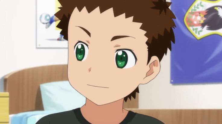 a closeup portrait of an anime boy with brown hair and green eyes, looking to the right. his face is serious and curious, his eyes staring intently. he has a brown hair that is styled into a spiky look. the background is blurred, suggesting a bedroom setting with furniture and a poster on the wall. the boy is depicted in a cartoon style, with exaggerated features.