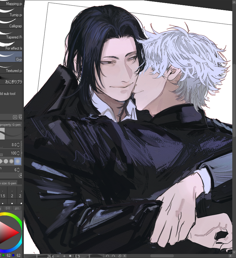 this is a digital art illustration of two anime characters, both men, embracing in a close up shot. the character on the left has black hair and is wearing a black suit jacket with a white collar. he is looking at the viewer with a soft smile, and his cheeks are slightly flushed. the character on the right has white hair and is wearing a dark suit jacket with a white collar. he is looking at the character on the left with affection, and his cheeks are also flushed. their hands are intertwined, and the character on the right is resting his chin on the character on the left's shoulder. the background is a blurry dark color. the art style is similar to manga or anime, with clean lines and shading. the illustration is filled with romantic and sweet undertones, conveying a sense of love and closeness.