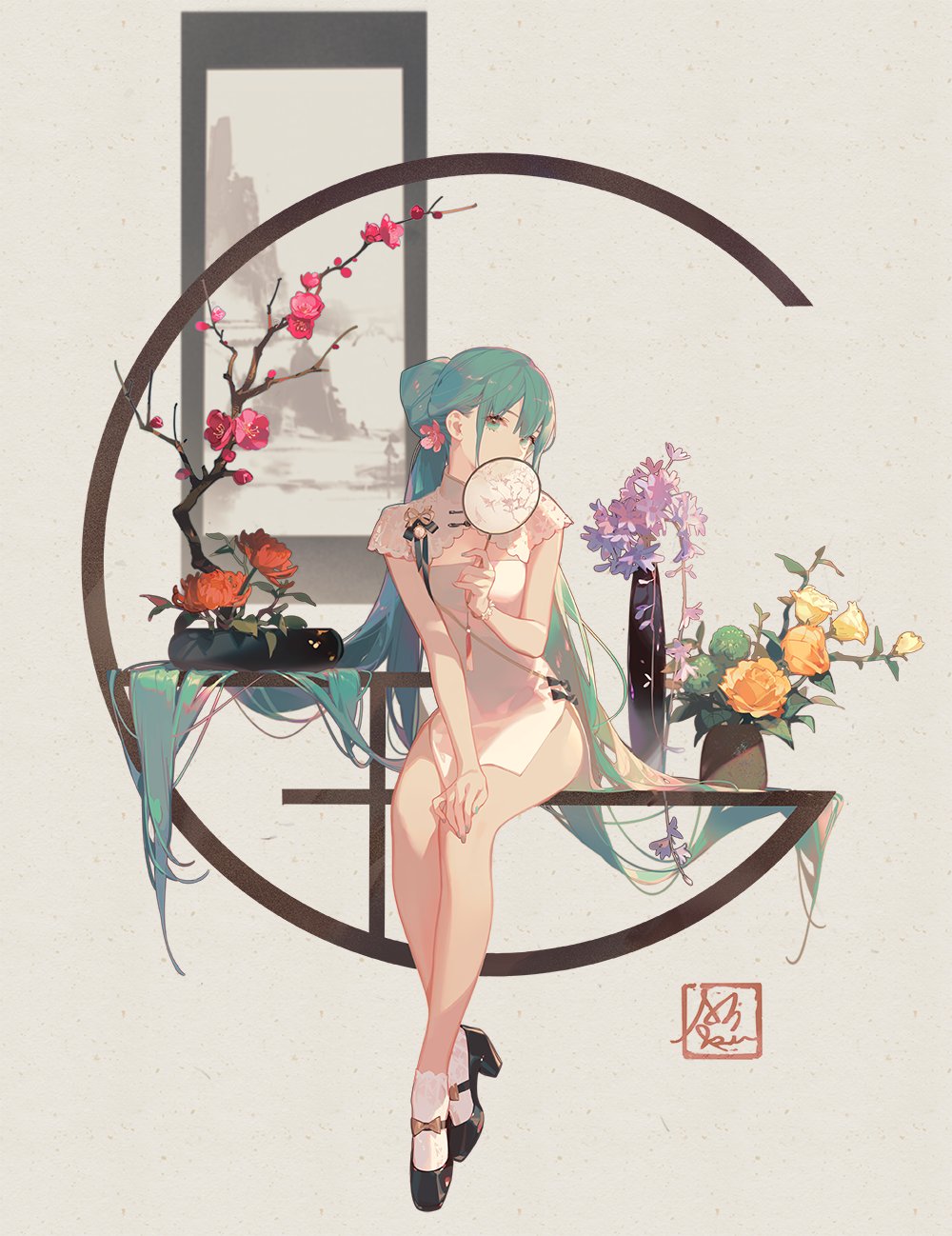 an anime girl with teal hair is sitting on a dark wood platform decorated with flowers in vases, holding a small white fan in front of her face. she is wearing a light pink cheongsam and black mary jane shoes. behind her is a circular frame with a landscape painting hanging above. a signature in a red square is in the bottom right corner. the background is a textured offwhite color.