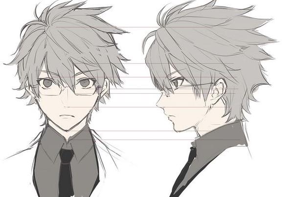 the image shows a sketch of an anime character. the character is a young man with gray hair, wearing glasses and a formal outfit with a tie. the sketch is in gray tones and shows the character from both side and front views. the background features horizontal lines that appear to be from a gridded sketchbook.
