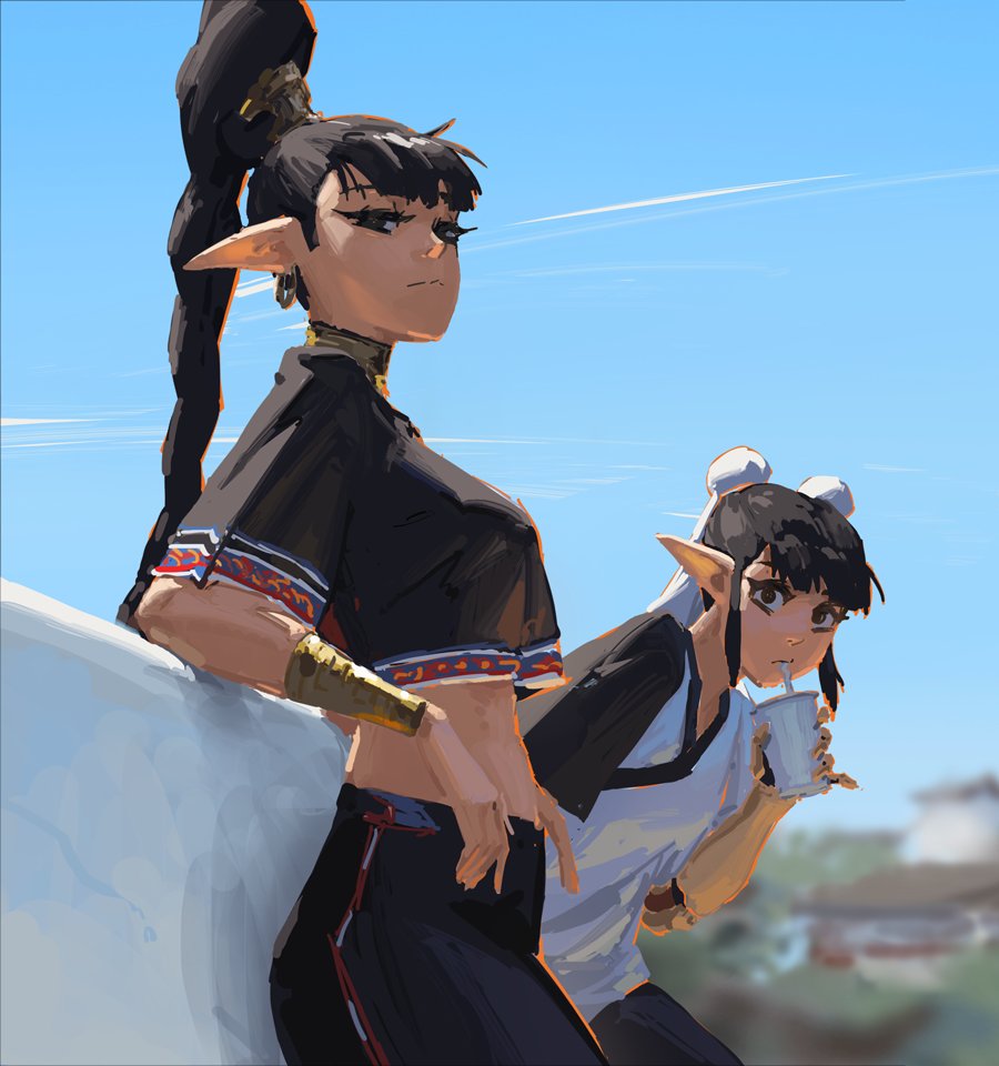 the digital painting showcases two female elf characters, possibly teenagers, in a casual, almost streetwear style. the character in the foreground, with long black hair styled in a high ponytail, sports a black cropped top with ethnicinspired details and dark athletic pants. she has pointed ears, wears gold armbands and earrings, and carries a confident, almost defiant pose.  the second elf, shorter in stature with her dark hair tied back in a halfup style adorned with white hair ornaments, is seen from behind, drinking from a cup. she's dressed in a lightercolored, loosefitting top and pants.  the background suggests a sunny outdoor setting, perhaps a cityscape in the distance, giving a slight urban fantasy vibe. the art style utilizes visible brush strokes and vibrant colors typical of digital painting.  the overall impression is one of youth, friendship, and a carefree attitude.