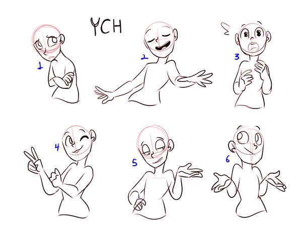 this is a digital drawing showing six different poses for anime or manga characters. they are all drawn in a simple style with just outlines and basic facial features. they are all numbered 1 through 6.