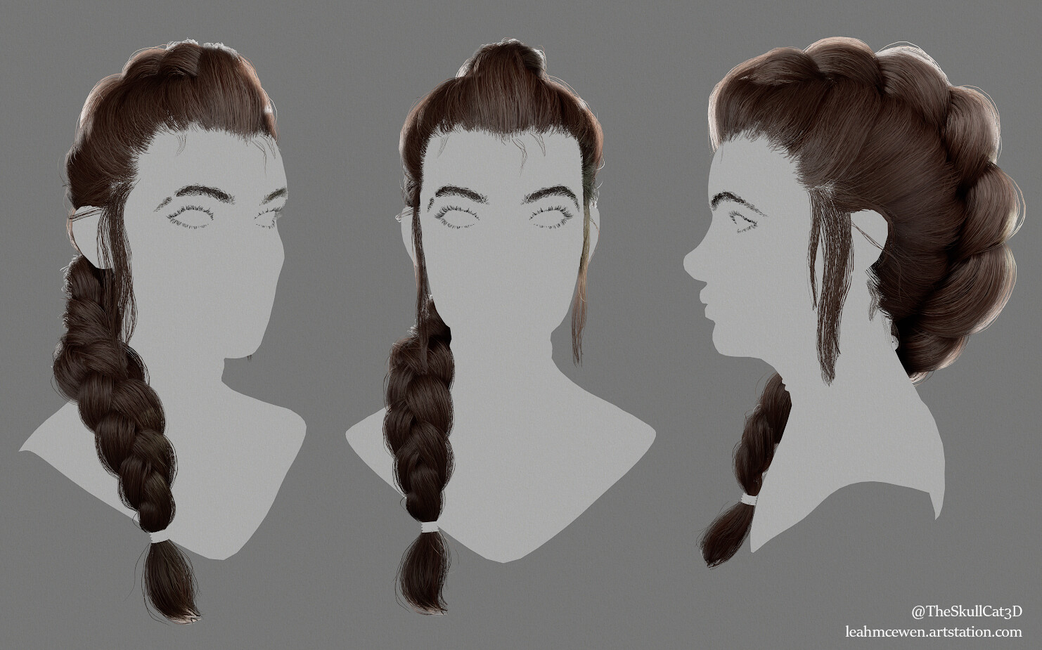the image showcases a 3d model of a woman's head with intricately braided hair. the hair is styled in a thick braid that runs down the back of her head, starting from a crown braid at the top.  the model is presented from three different perspectives: front, back, and side. the head itself is a featureless grey, allowing the focus to remain solely on the detailed hairstyle.