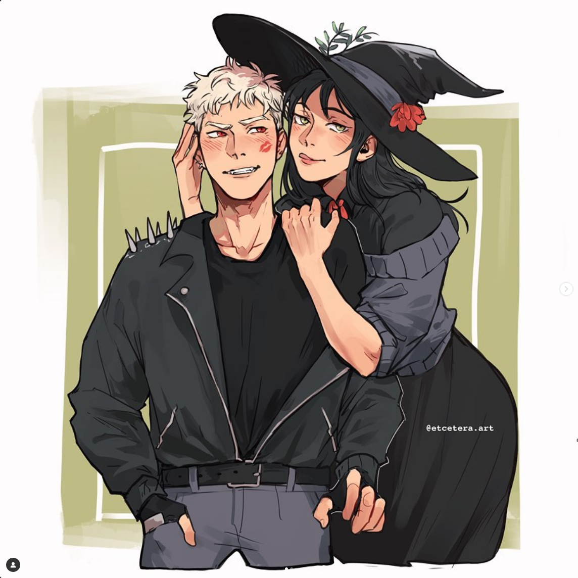 the illustration showcases a punk man and a witch woman in a loving embrace. the man, with his white hair, red blush, and black attire, represents a punk aesthetic. the woman, adorned in a witch's hat and a flowing black dress, embodies a witchy charm.  the soft lighting enhances the romantic undertone of the artwork, while the frontal view provides a clear depiction of their affectionate connection.