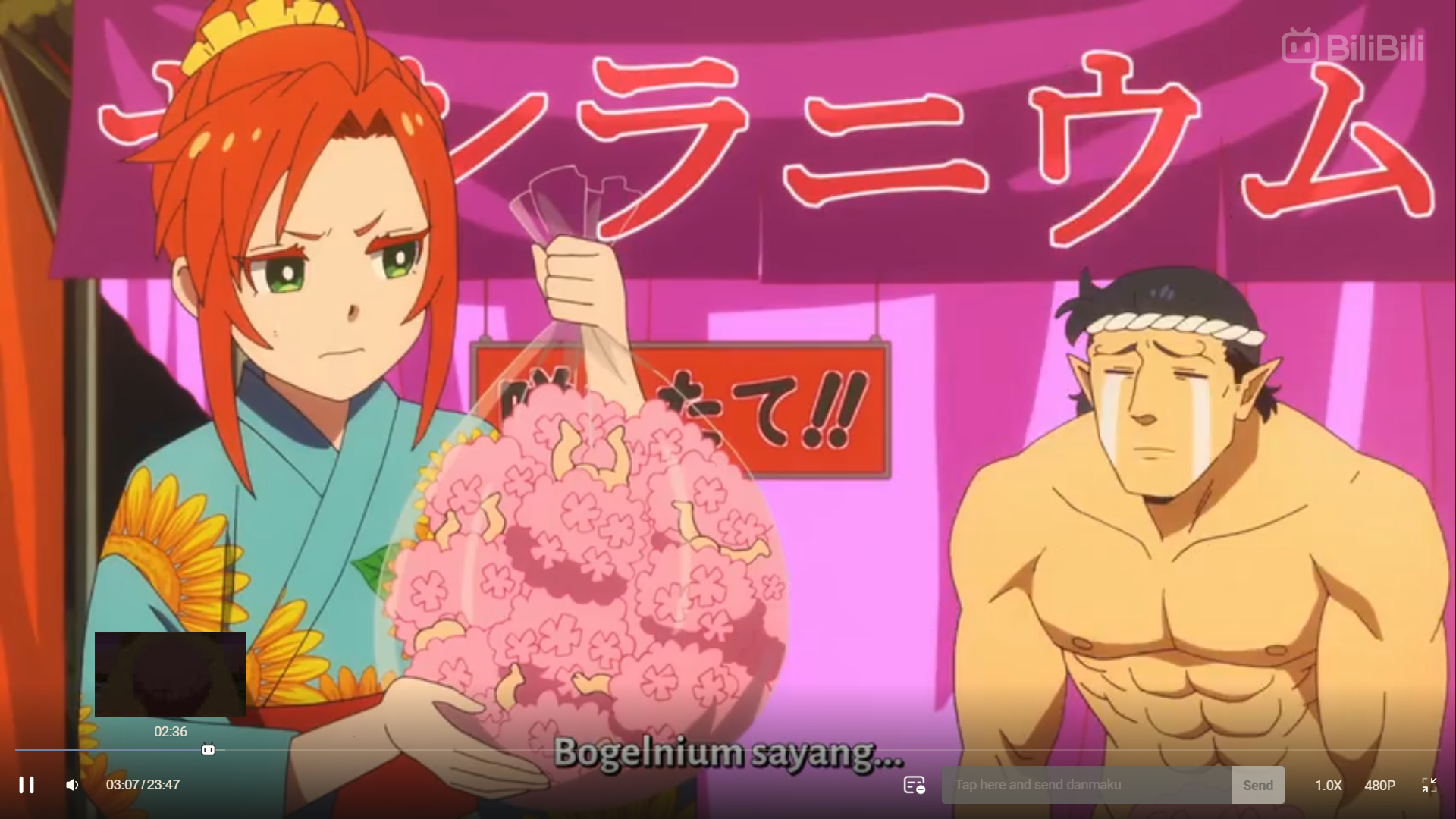 a screenshot from an anime, showing a woman holding up a bag of pink, flowershaped food at a festival. a large, muscular man with a headband stands beside her with tears running down his face. text at the top advertises "sunflower" in japanese.