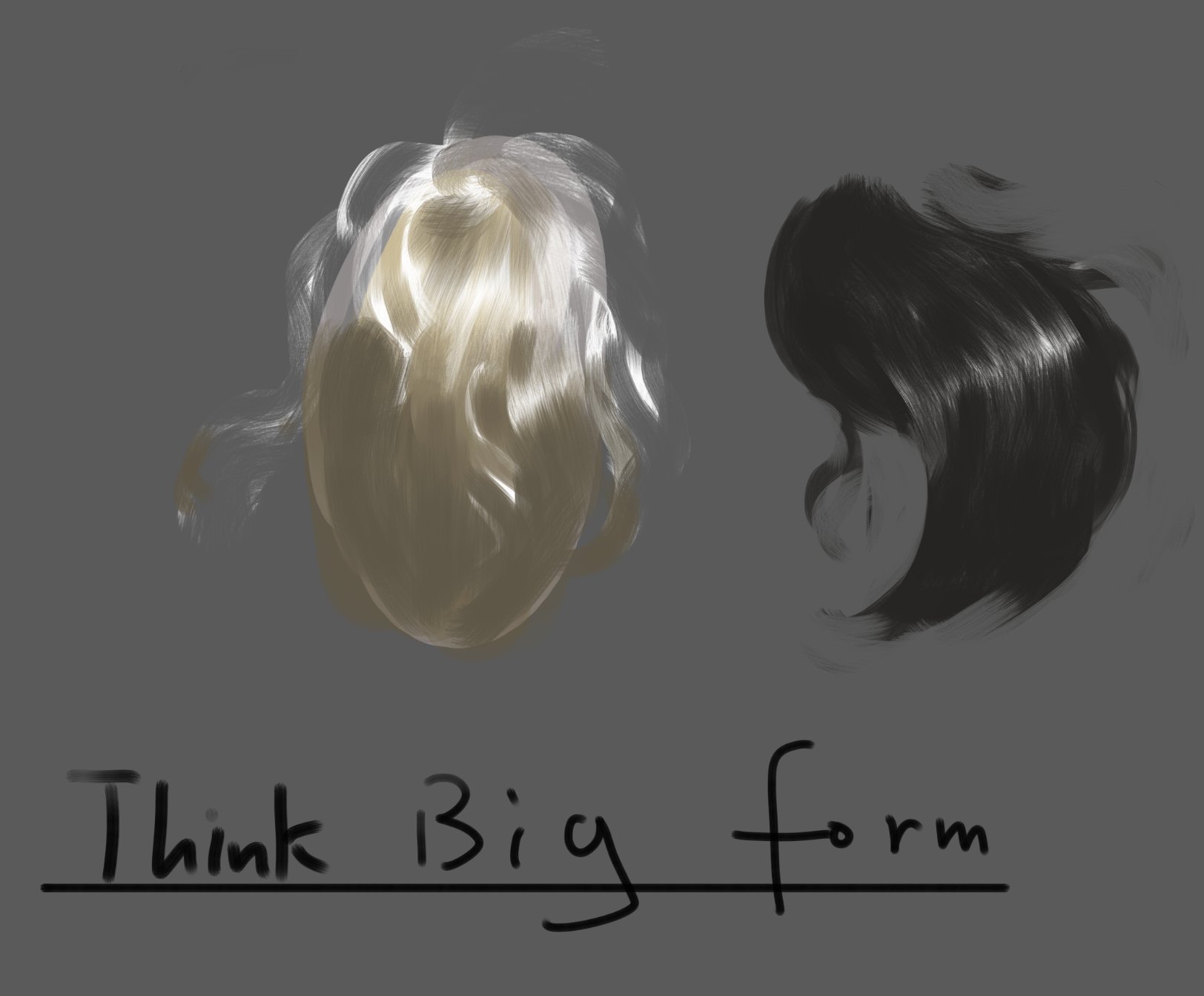 a digital painting of two abstract forms of hair. one is blonde, the other is black. they are both painted with brushstrokes that give them a dynamic and fluid feel. the word "think big form" is written beneath the forms in a bold and confident style. the image suggests a creative mindset and the importance of thinking outside the box.