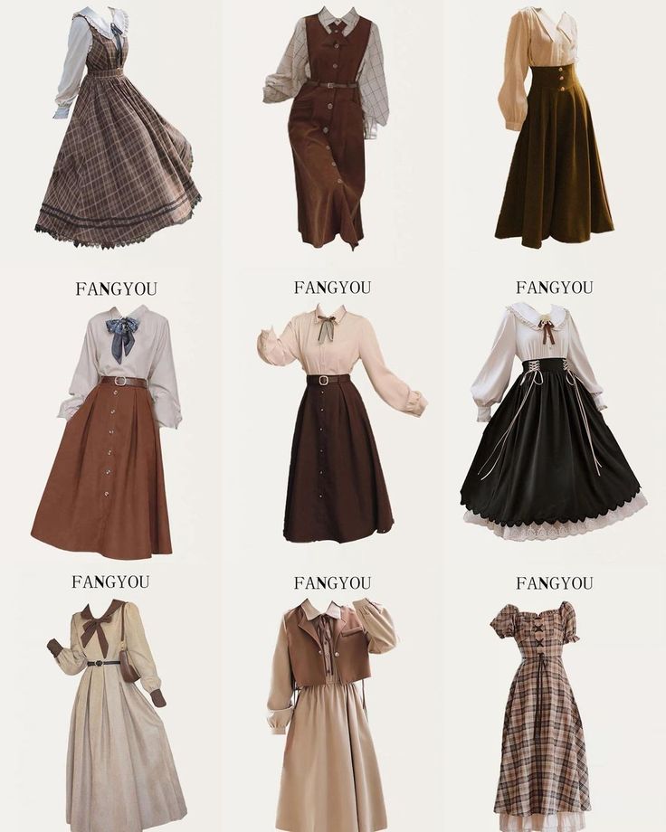 a fashion collage featuring nine different vintagestyle outfits with a focus on brown, white, and cream colors. the outfits incorporate elements of cottagecore and dark academia aesthetics. each outfit showcases various combinations of dresses, skirts, blouses, and vests.
