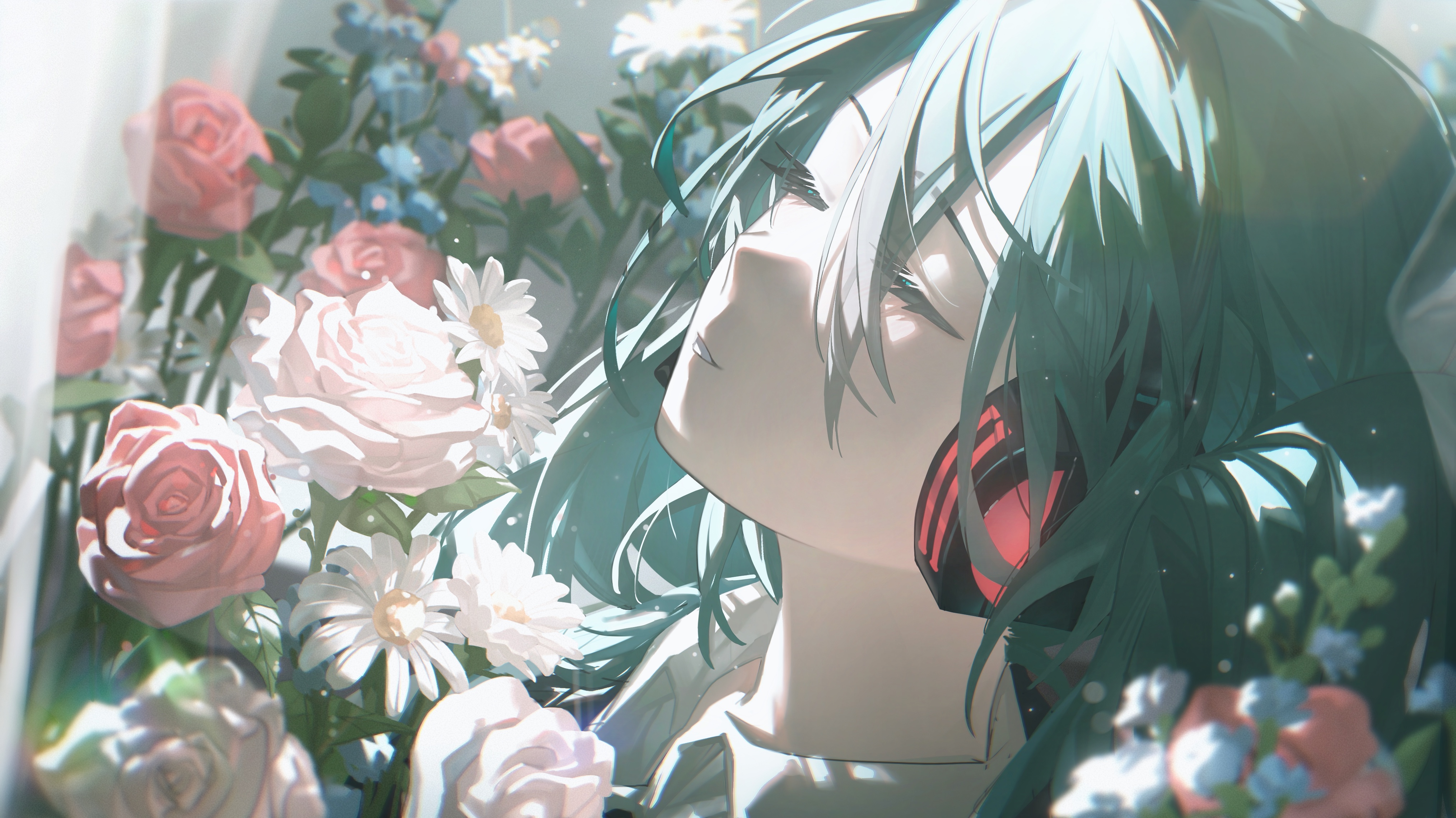 the image depicts an anime girl with teal hair and closed eyes, surrounded by an abundance of flowers including roses and daisies. she is looking upwards and wearing red headphones. the lighting gives the image a dreamy and ethereal quality.