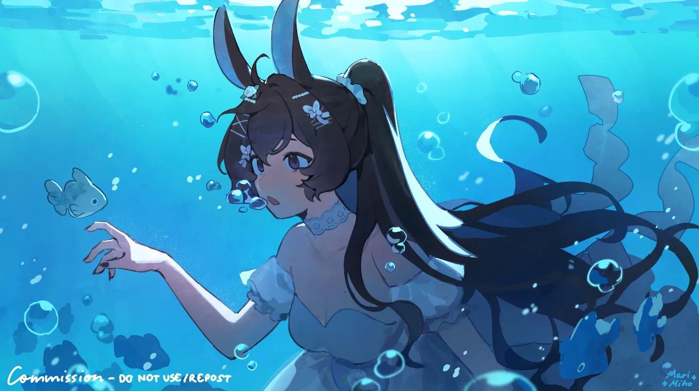 the image is a digital artwork depicting an animestyle girl with long brown hair and rabbit ears, gracefully swimming underwater. she's wearing a light blue dress and is surrounded by bubbles.  the ocean is a vibrant blue, and small fish are visible in the background. the overall mood is serene and peaceful, with a focus on the girl's elegant movements and the beautiful underwater setting. the artwork is labeled as a commission, indicating it was created for a specific client.