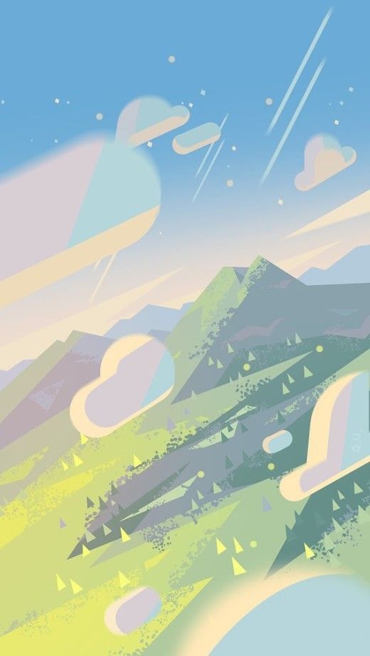 the image is a stylized, whimsical landscape illustration dominated by pastel colors.  soft, light blue and pink clouds float across a pale blue sky, streaked with subtle light lines suggesting movement or light trails. the main focus is a range of pastelcolored mountains and hills. the mountains are depicted with a simplified, almost geometric style, using various shades of green, yellow, and grey.  small, triangleshaped elements are scattered across the hills to represent trees or vegetation. the overall style is abstract and cartoonish, creating a peaceful and dreamy atmosphere. the image feels light and airy and would be suitable as a background or for use in design projects.