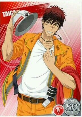 this is an illustration of an anime character. the anime character is a male with spiky red hair. he is wearing a white shirt, a bright orange jacket, and pants, black gloves, and red and orange sneakers. he is holding his cap in his left hand and is posing with his right hand in the air, as though he has just scored a point in a basketball game. there are red, orange, and white streaks of color in the background. the bottom right corner of the image has an "sr" logo and a basketball hoop image within a circle. the character is looking towards the viewer. the image seems to be from an anime or manga series. the image is drawn in a cartoon style.
