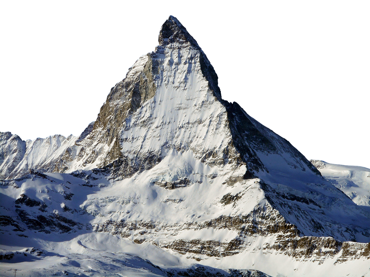 the image shows a majestic view of the matterhorn mountain, covered in snow, against a black background. the snowcovered mountain range is likely in the alps, specifically near zermatt, switzerland. the peak is sharp and distinctive, standing out prominently in the landscape. the scene captures a wintry and alpine environment.