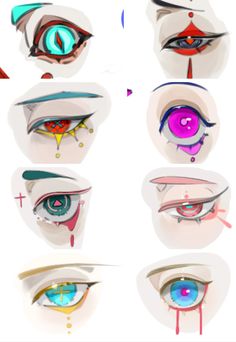 the image showcases nine different pairs of stylized anime and manga eyes. each pair boasts unique designs and color palettes, highlighting various emotions and aesthetics. from vibrant rainbow irises to glowing pupils and intricate patterns, the collection offers diverse and captivating eye concepts for artists and enthusiasts.