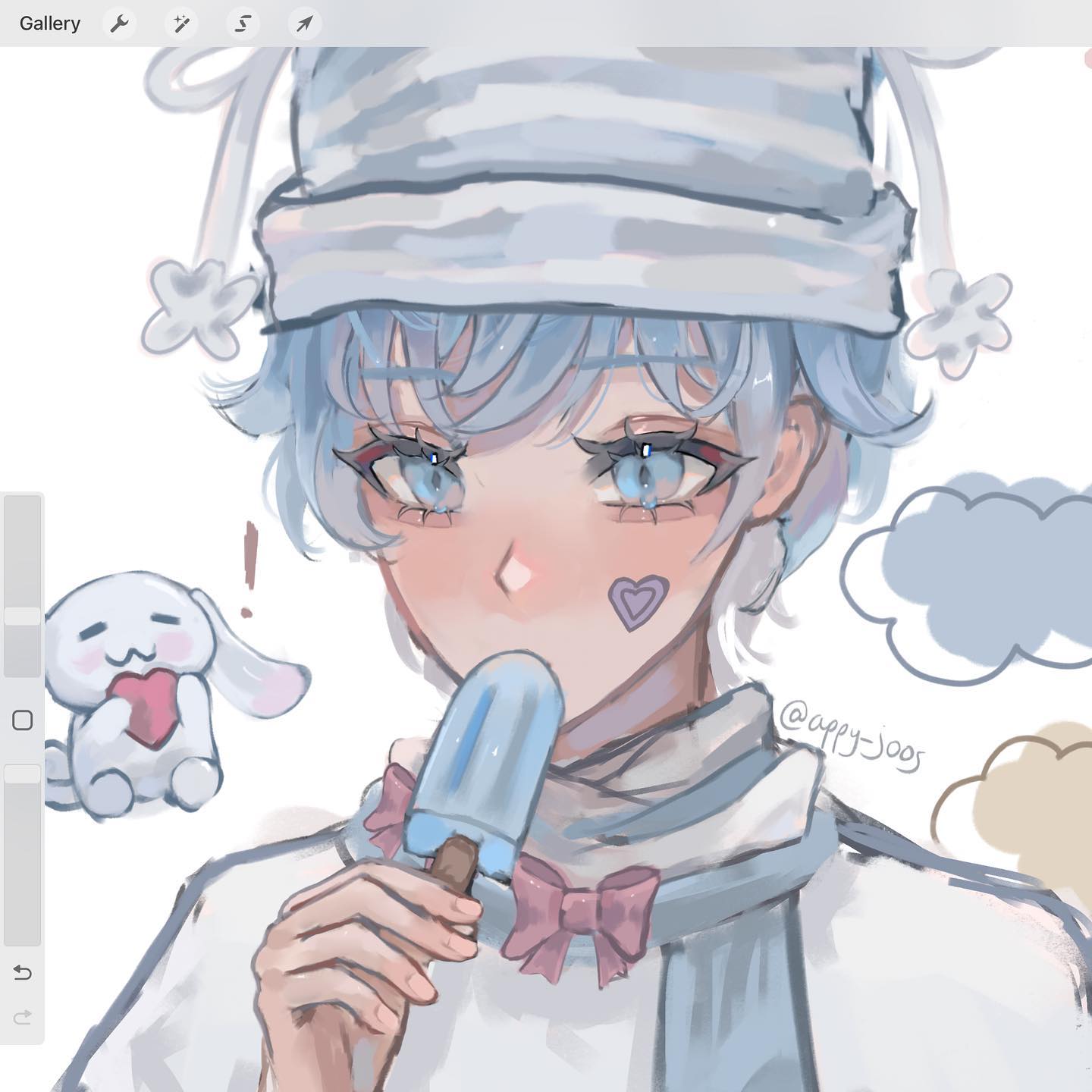 the image is a digital drawing of a cute animestyle boy. he has light blue hair and is wearing a white and light blue striped hat and a matching sweater. he is holding a light blue popsicle and has a sweet, innocent expression.  the background is soft and pastel colored with clouds and a small, cute animal. the overall style is soft, sweet, and kawaii.