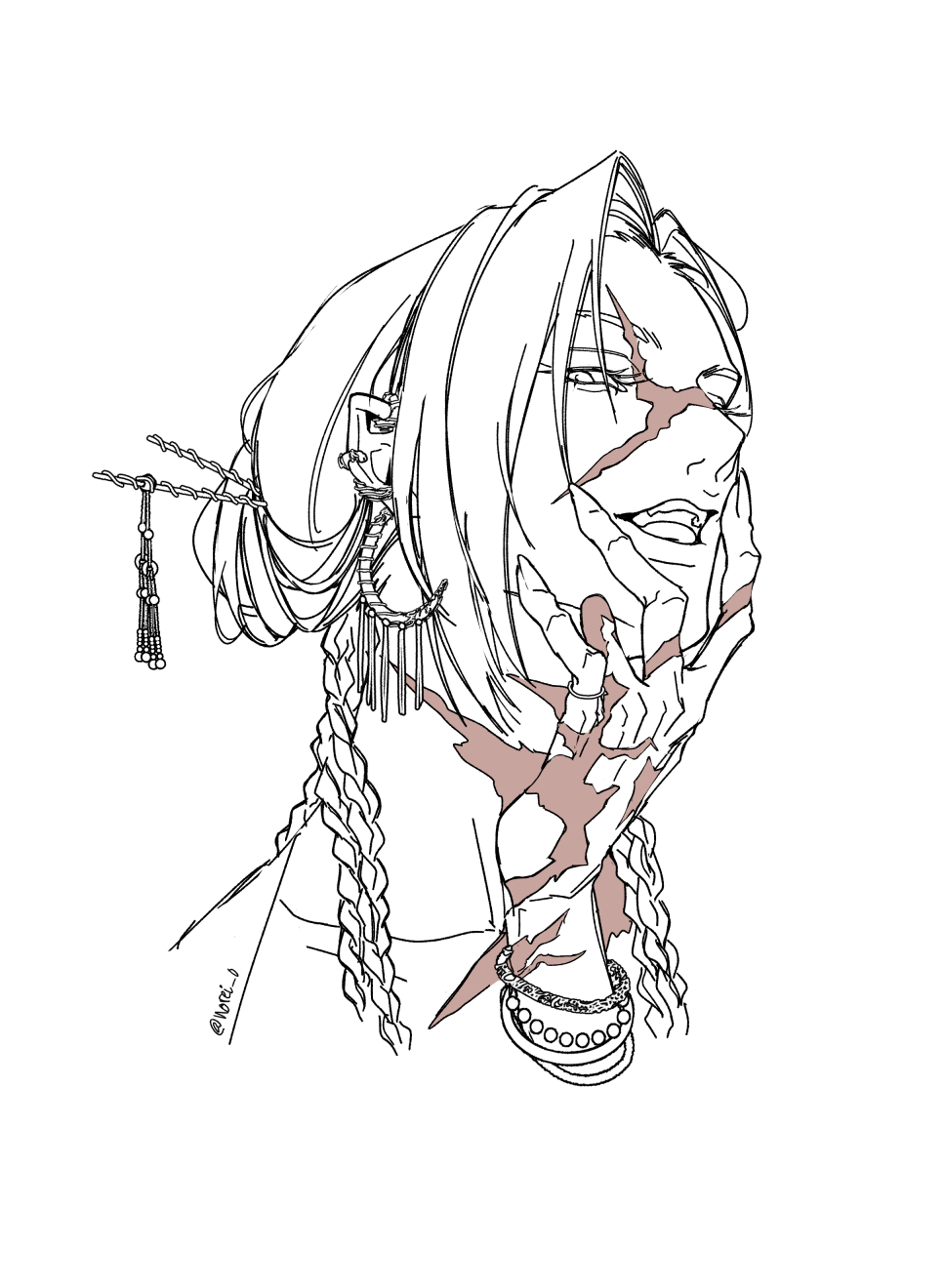 this is a line drawing of an anime character. they are a woman with long, braided hair that is adorned with jewelry. she has a scar across her face and is holding her hands to her face. she has a serious, confident expression and appears to be elegant and fashionable.