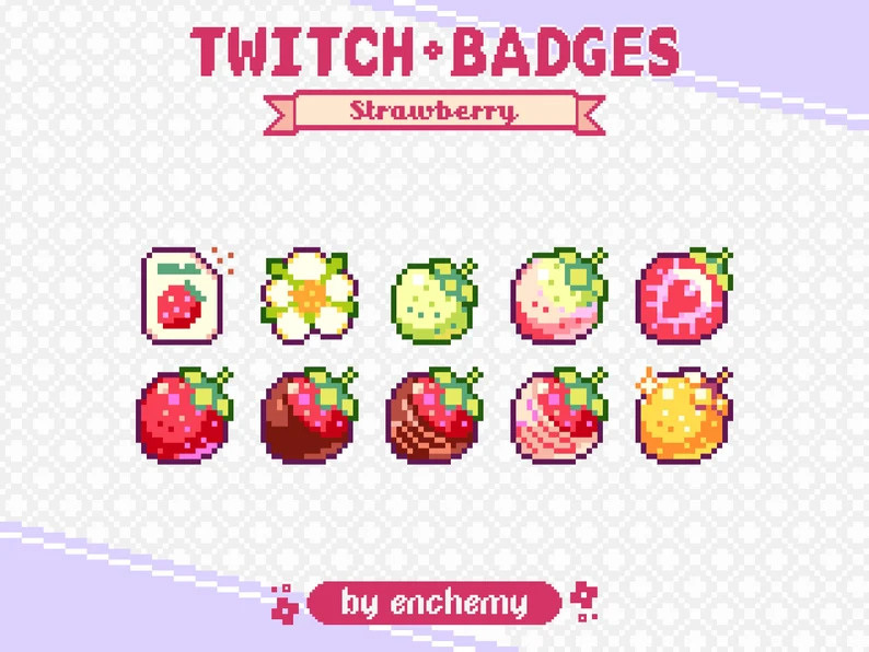 there are nine pixel art strawberries displayed in a 3x3 grid.  there is a pink ribbon on the top that says "twitch + badges strawberry". there is also text that says "by enchemy" on the bottom. the background is light purple with a floral pattern.