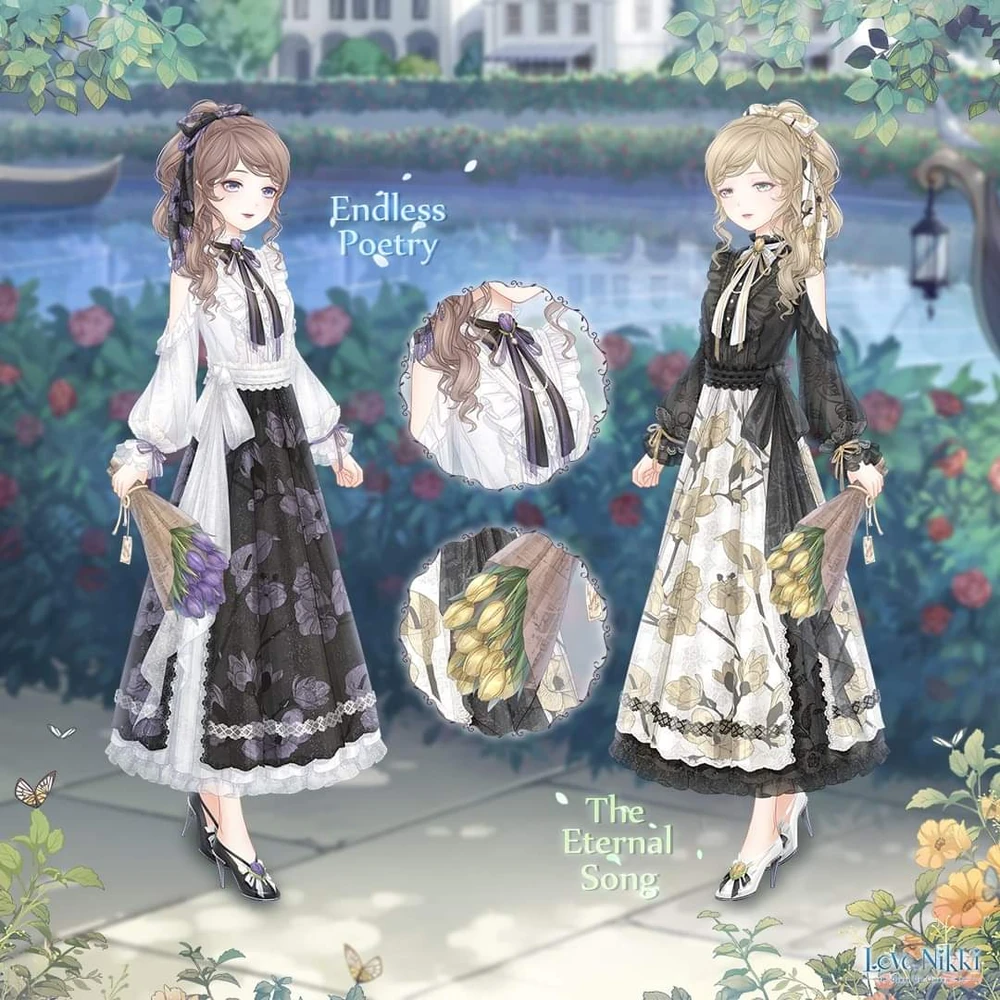 two girls in victorianstyle dresses with different color schemes stand in a garden setting. the girl on the left wears a black and white dress with purple flowers, while the girl on the right wears a white and gold dress with yellow flowers. both girls are holding bouquets of flowers. the background is a blurred image of a garden with a water feature. there are insets showcasing the top and skirt of the outfits, and a bouquet of flowers from each outfit.