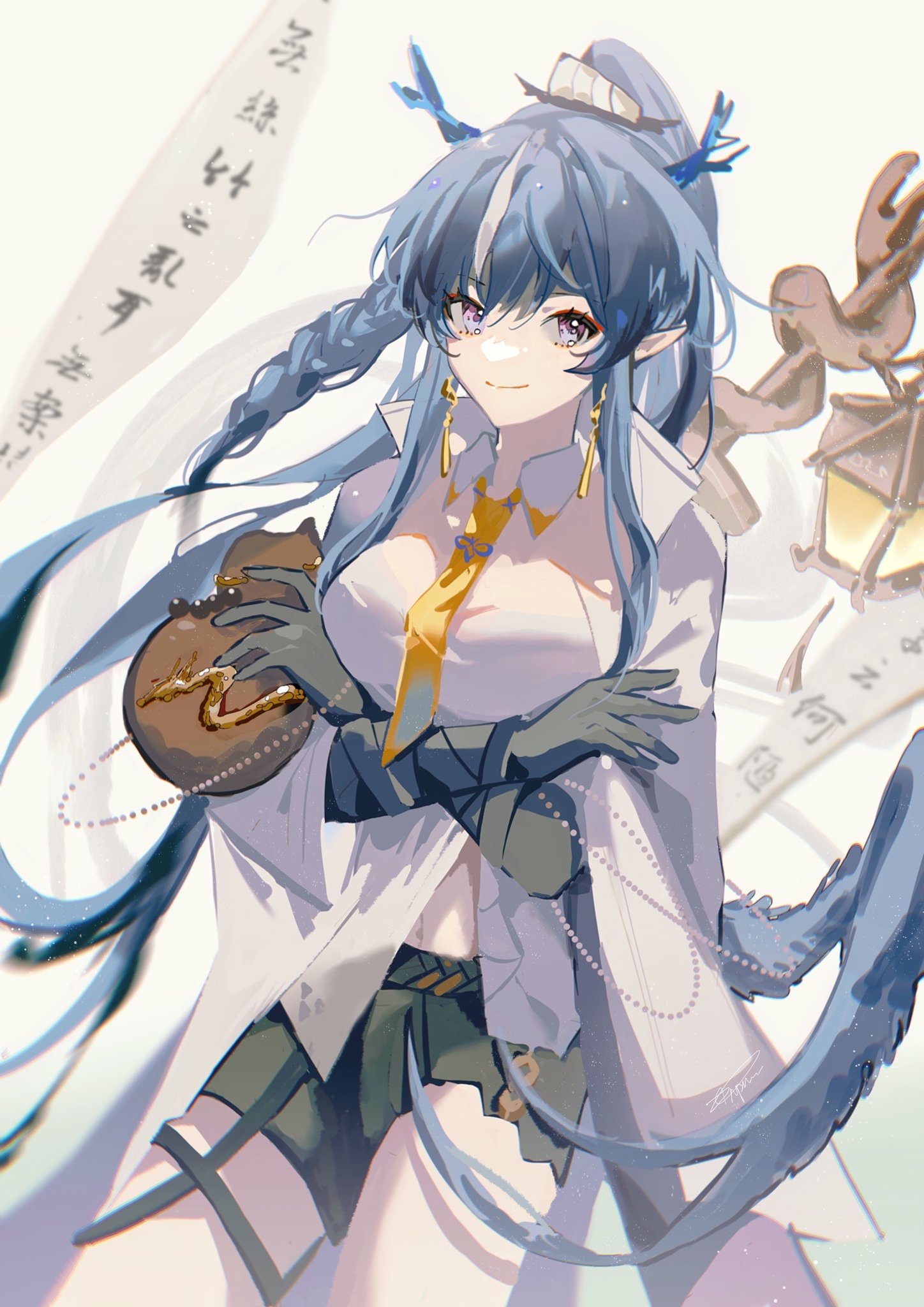 the image features a young anime woman with long, flowing blue hair and a white shirt with a yellow tie. she's wearing black gloves and a green skirt. the background is mostly white, but there are some dragon wings and a chinese or japanese lantern in the background. the woman has a cute and happy smile and seems to be in a peaceful and tranquil mood. the overall feel of the image is magical and dreamy.