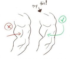 this image is a black and white sketch on a white background. there are two drawings of male torsos from the waist up, only showing the front side of the body. the drawing on the left has an x next to it and an arrow pointing to the outline of the torso. the drawing on the right has a checkmark next to it and an arrow pointing to the outline of the torso. the drawing on the right is more defined and has more detail in the outline, particularly around the obliques, than the drawing on the left. there is an arrow pointing to a triangle shape above the right drawing with the text "try this!" above it.