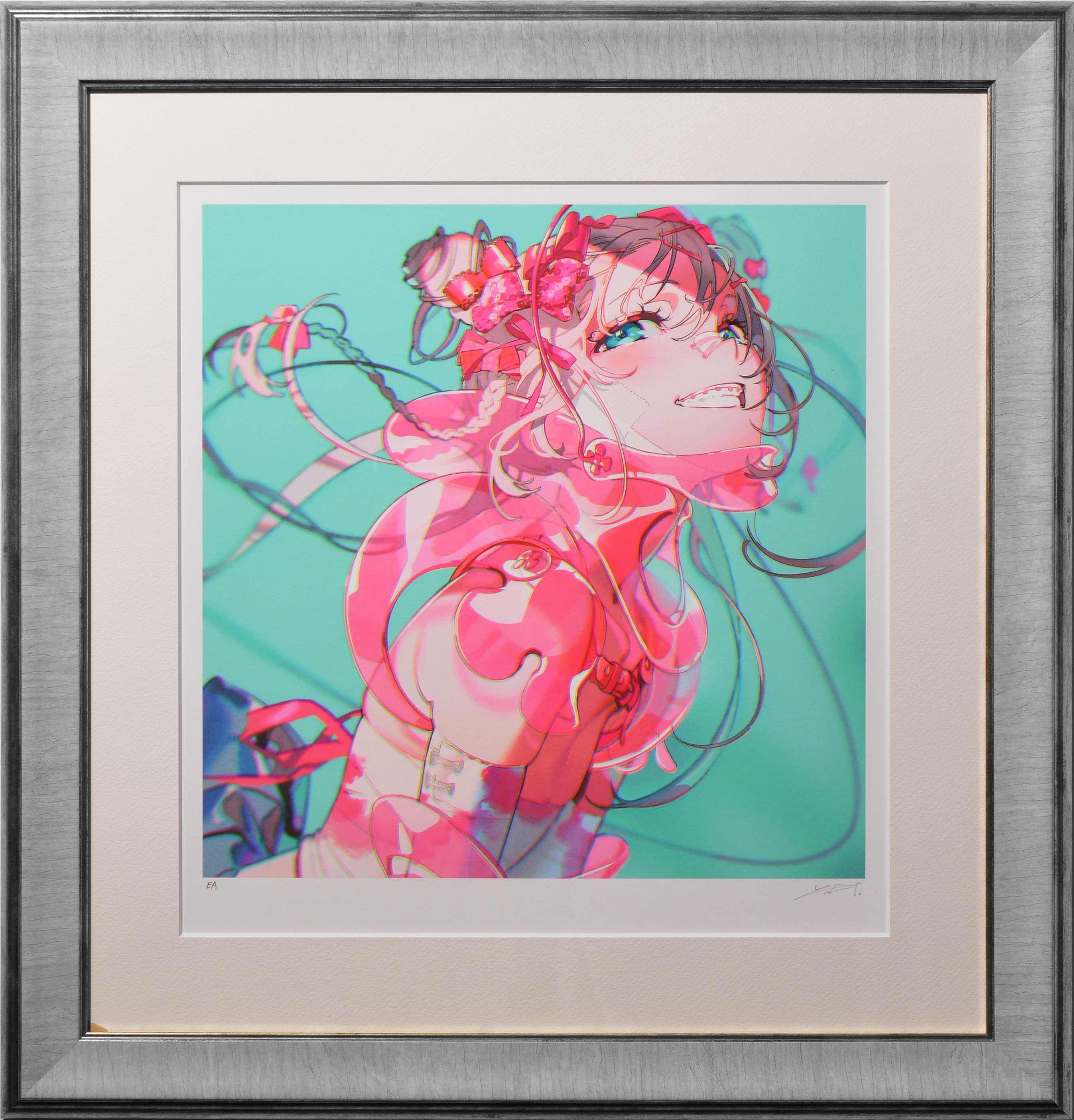 a framed art print featuring a vibrant animestyle illustration of a young woman with pink hair and blue eyes. the woman is smiling brightly and looking off to the side. she has flowers in her hair and is wearing a pink and white outfit. the background is a teal color. the art print has a white mat and a silver frame.