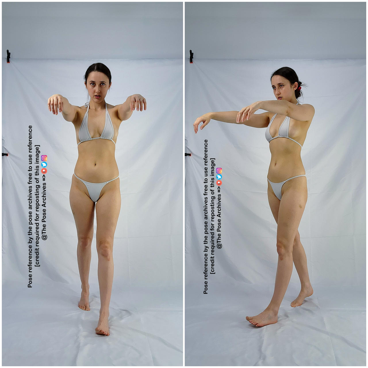 a young woman in a white bikini poses against a white background in two different zombielike stances. she is reaching forward with her arms outstretched in both images, but her body is positioned differently in each. in the left image, she is facing forward with her feet together, while in the right image, she is turned slightly to the side with one foot in front of the other.