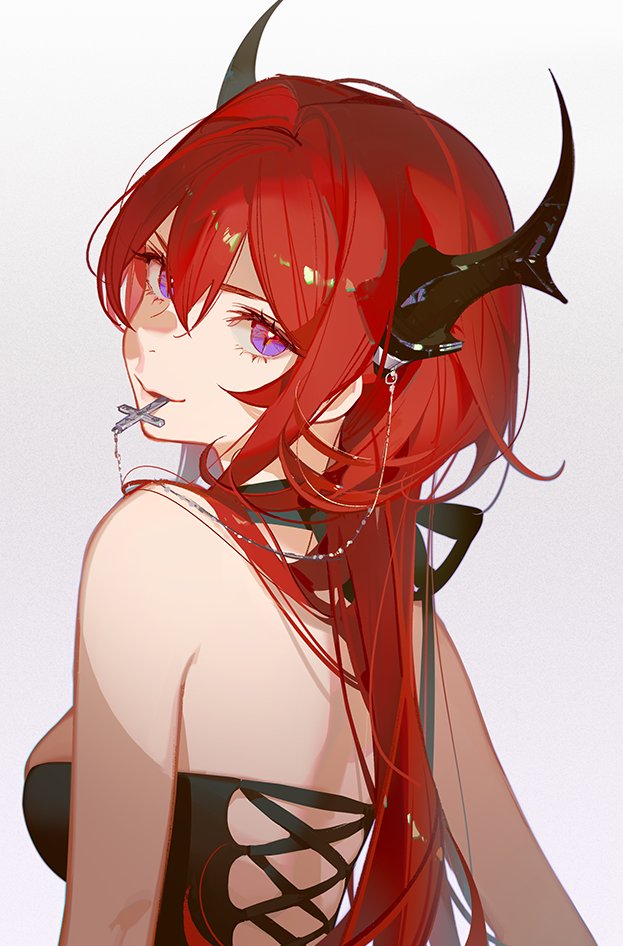 the image is of an anime girl with red hair and purple eyes. she has black horns on her head and a black choker around her neck. she is wearing a black backless dress with corset lacing. she has a cross in her mouth.
