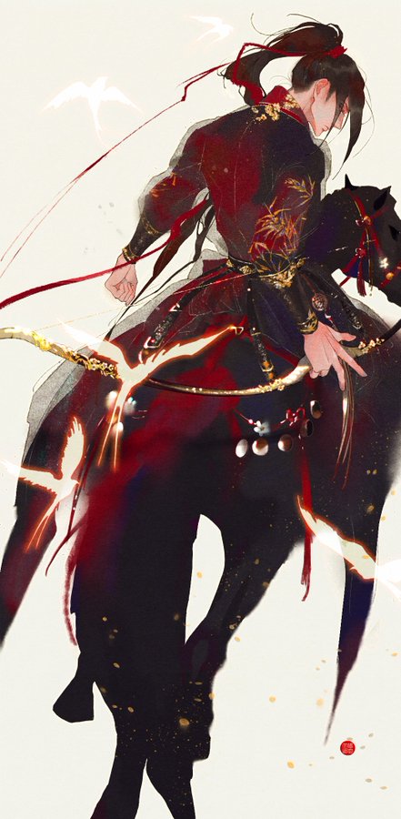 the image showcases a lone male figure with long black hair tied back, riding a dark horse in full gallop. he is clad in a flowing, intricately decorated red and black robe with gold accents.  his pose suggests swift movement, further emphasized by the red ribbons trailing behind him. the artwork employs a style reminiscent of traditional chinese ink painting, with soft brushstrokes and a focus on dynamic motion. the background is primarily white, emphasizing the subject, with hints of birds in flight.