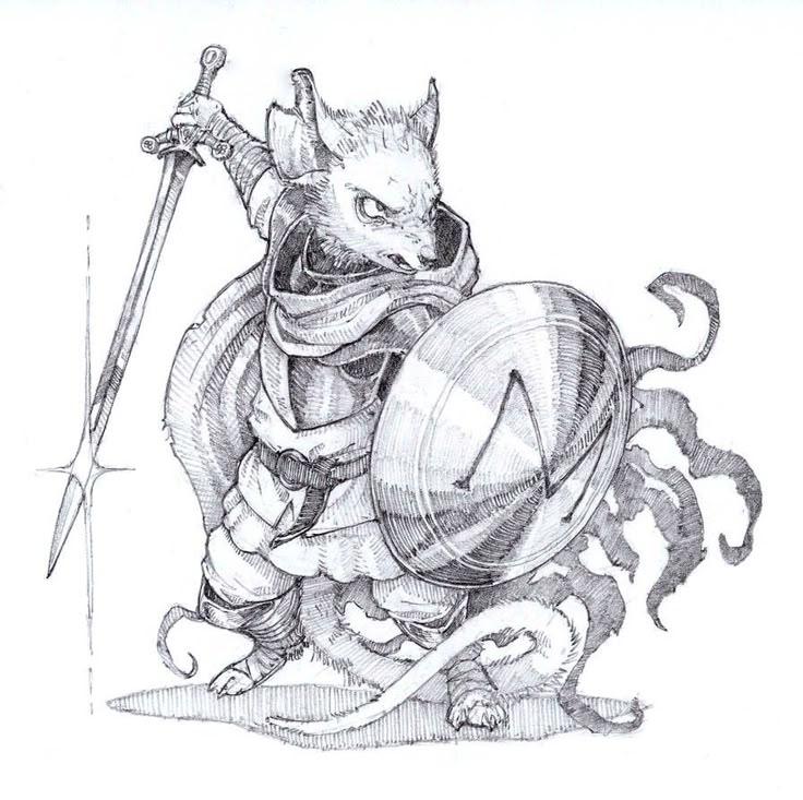 a detailed black and white illustration shows an anthropomorphic rat warrior. the rat is standing in a defensive posture, holding a sword in its right hand and a round shield in its left. the shield has a large letter "a" on it. the rat is wearing armor and a cloak, and it has a fierce expression on its face. the drawing style is reminiscent of pen and ink or pencil, with meticulous crosshatching and shading that gives depth and texture to the character and its clothing.
