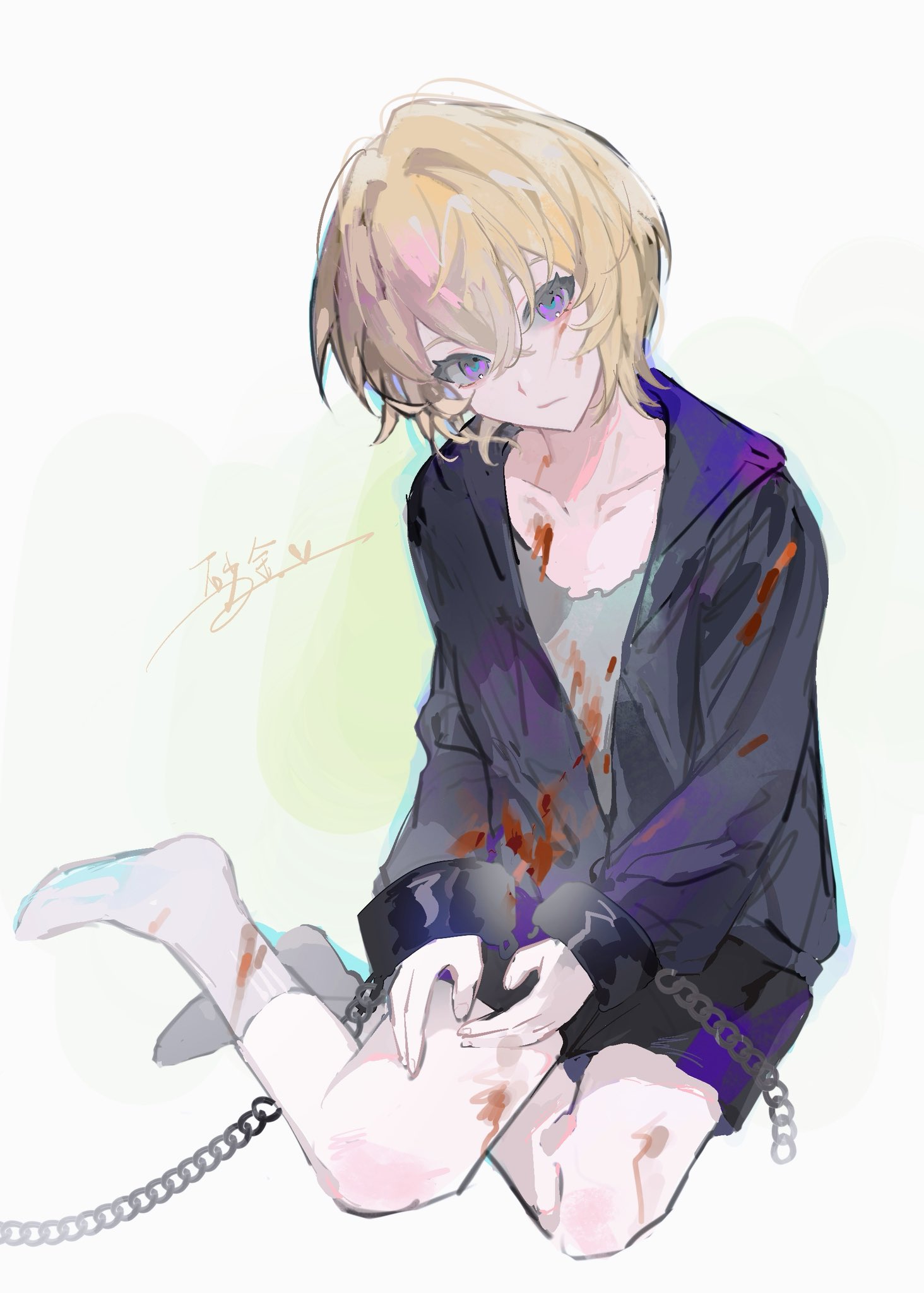 the image is a digital illustration of an anime girl with blonde hair and purple eyes. she is wearing a black hoodie with purple trim and a chain around her ankles. the girl is sitting on the floor with her legs outstretched and her hands covering her face. she appears to be injured and scared, as there is blood on her clothes and body. the background is white. the style of the image is anime, with a focus on detailed features and emotional expression.