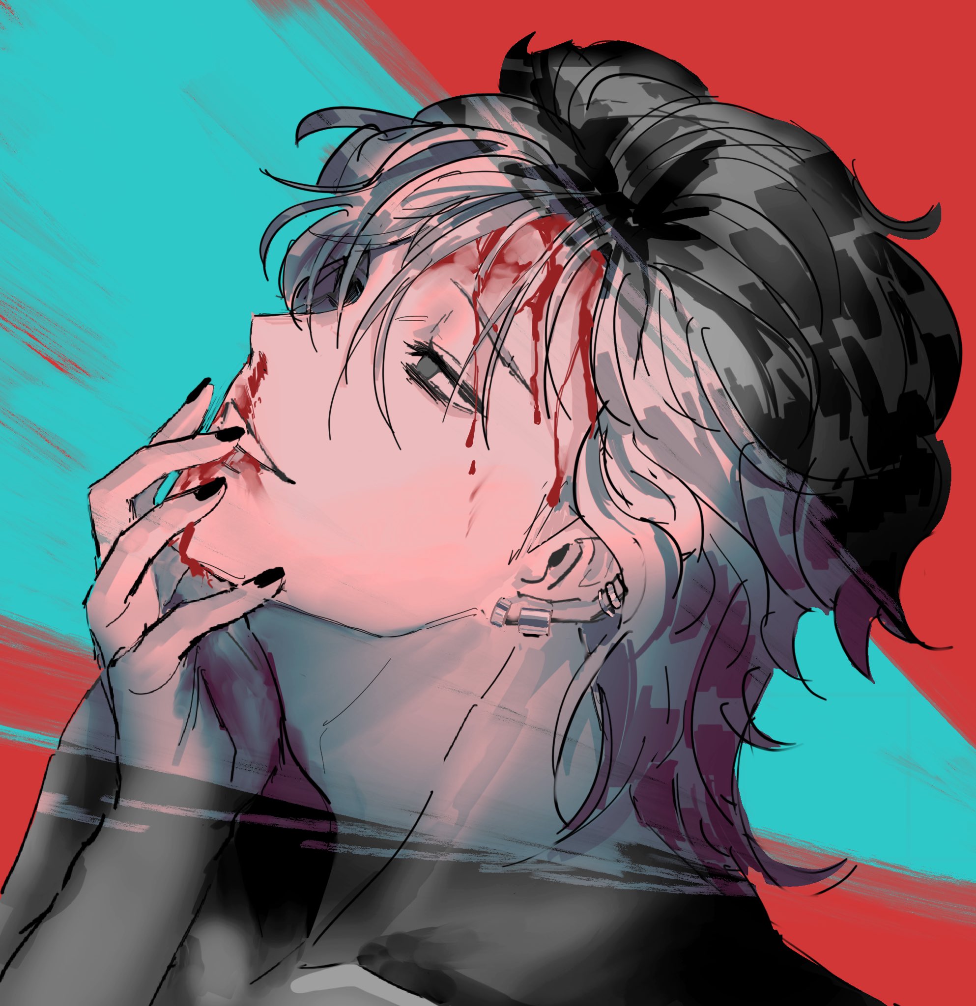 this is an artistic illustration of a young man with stylized anime features. he is depicted in a state of distress, evident from the blood dripping down his face from a head wound. his eyes are closed, but a slight smirk plays on his lips, hinting at a deeper emotional complexity. the background is a vibrant clash of teal and red, adding to the overall dramatic and perhaps violent tone of the piece.