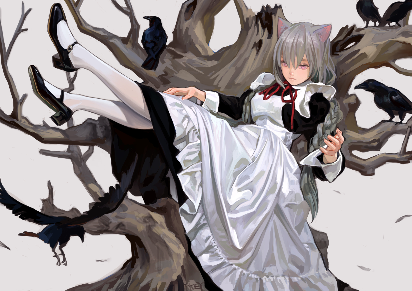 an anime girl with gray hair, cat ears, and red eyes sits in a gnarled tree wearing a black and white maid outfit, white stockings, and black mary jane shoes. crows are perched on the branches of the tree. the background is white.