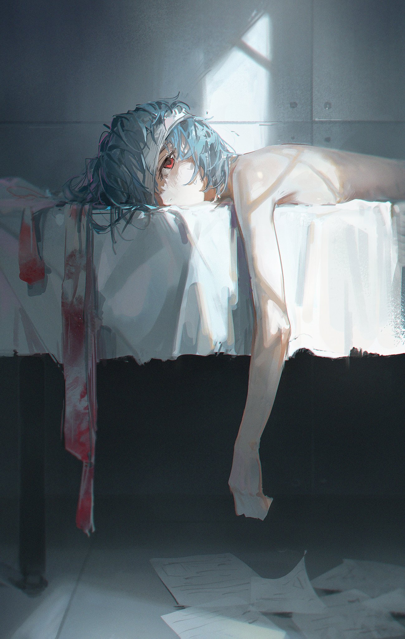 an anime girl with blue hair and red eyes lies on a white hospital bed. she is wearing a bandage around her head, and her arm is hanging off the edge of the bed. there is a bloody red ribbon tied around her wrist and a pile of papers on the floor. she looks sad and lonely. the room is white and sterile, and the overall atmosphere is somber.