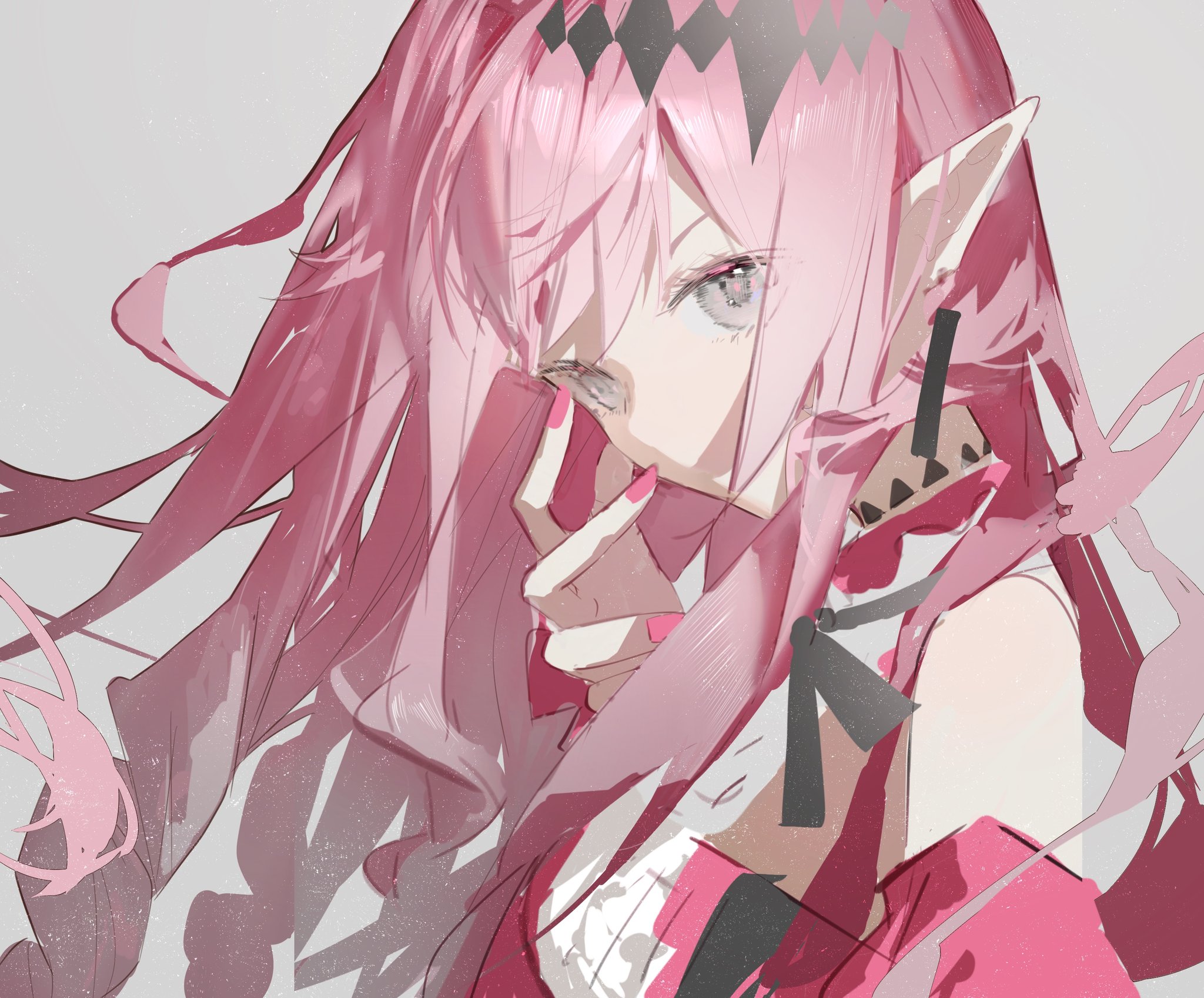 he image is a digital painting of an animestyle girl. she has long, flowing pink hair, pointed elf ears, and is wearing a pink dress with black accents. her expression is somewhat mysterious and coy, with one hand gently touching her face.  the art style is soft and delicate, with a focus on subtle shading and texture. the overall mood is dreamy and elegant.