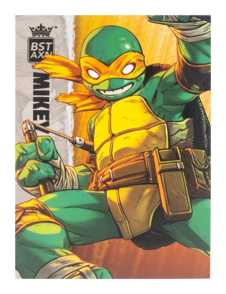 this is a trading card featuring the teenage mutant ninja turtles character, michaelangelo (mike). he is shown in a comic style, wearing his signature orange bandanna and holding his signature weapon, a pair of sai. the image features a bright orange, green, and yellow color scheme, with the background featuring a yellow and orange fade.