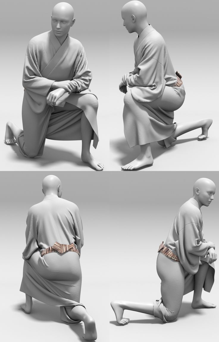 a 3d rendering of four male mannequins, all wearing traditional japanese kimonos. the mannequins are seated in different poses, with one standing on one knee. all of the mannequins have been rendered in a muted gray color.