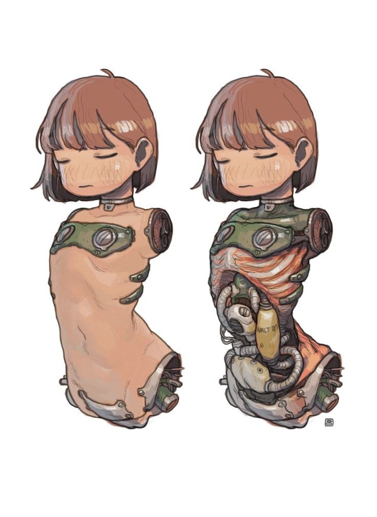 the image features two animestyle drawings of characters dissected to reveal a robotic anatomy. the first character is shown with a fleshlike exterior, while the second shows the internal robotic structure, complete with tubes, machinery, and a canister labeled "urit 20".