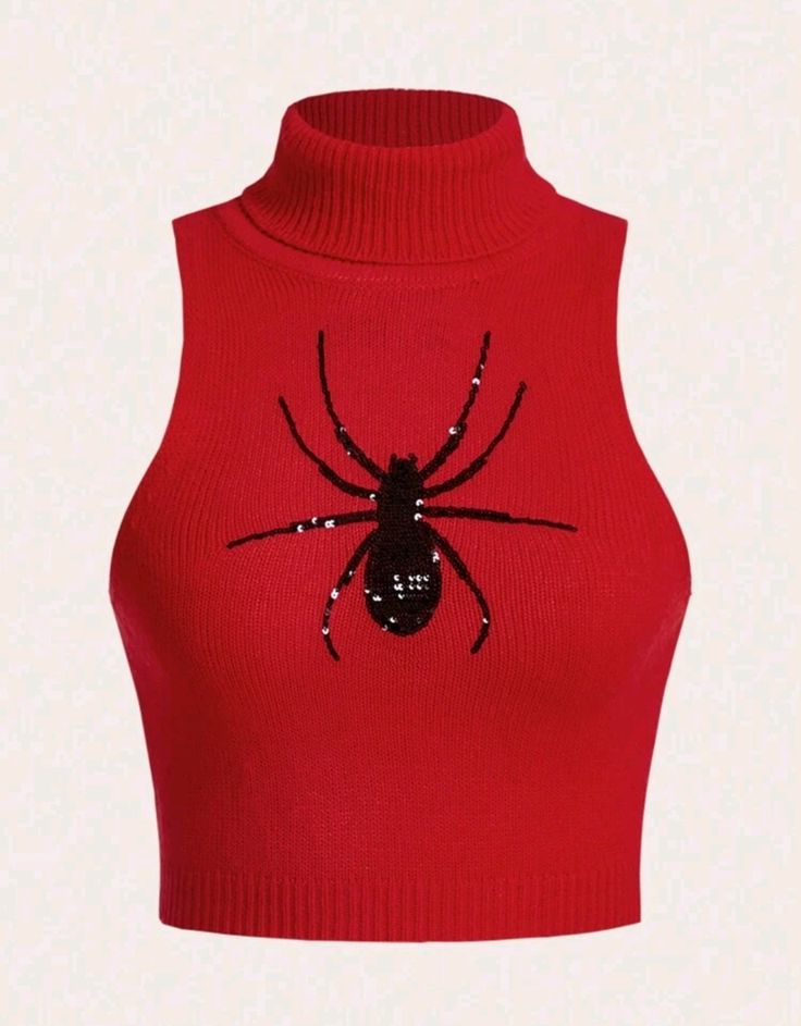 a red knit sleeveless turtleneck crop top with a black spider on the front. the spider is outlined and filled with black sequins.