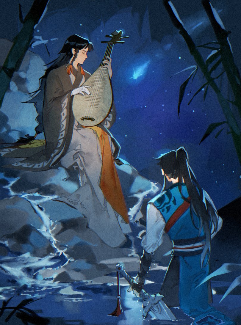 an illustration depicts two figures in a serene, moonlit scene. one figure, dressed in ornate robes, sits atop a rocky formation in a stream and plays a lute. a blue, butterflylike light hovers nearby. the second figure, clad in blue and black attire, stands in the stream with their sword planted in the water. bamboo stalks are visible in the background, and stars twinkle in the night sky.
