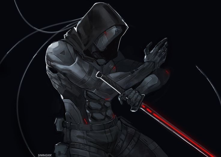 this is a digital art illustration depicting a cyberpunk ninja with a futuristic samurai sword, they have a black hooded mask that covers their face and the sword is glowing red, the illustration is set in a dark and shadowy environment.