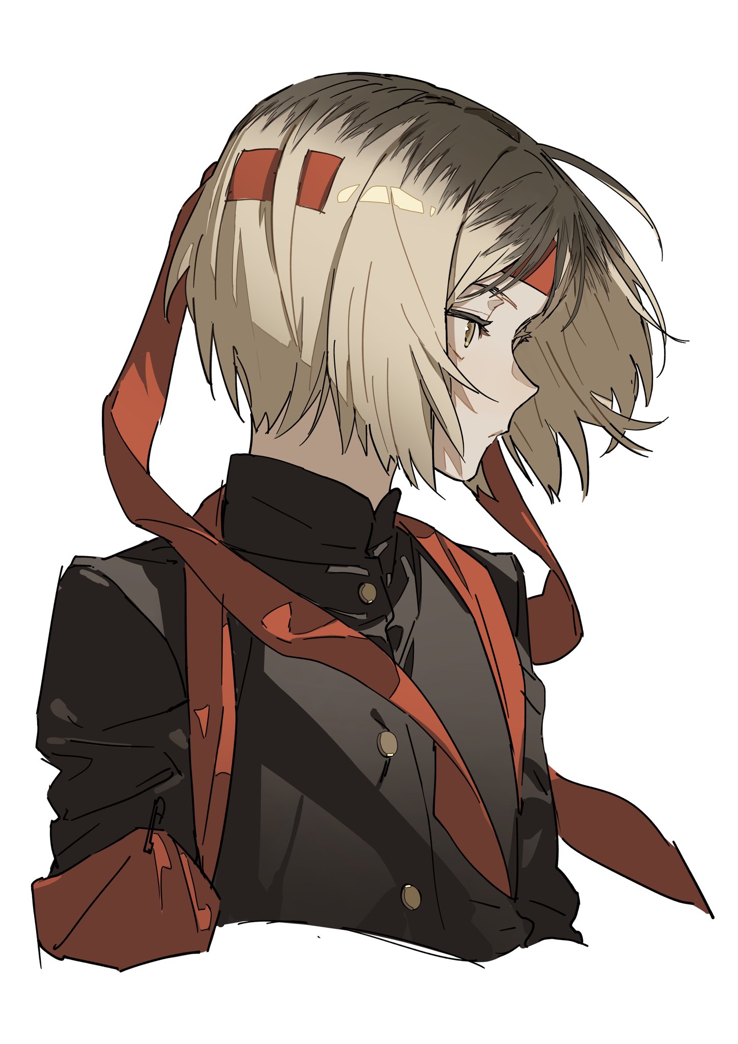 the image is an animestyle illustration of a young man with short, choppy blonde hair. he is wearing a red headband and a red scarf that is draped around his neck. he is also wearing a black school uniform with gold buttons. the character is depicted in a side profile, looking to the right. the background is white.