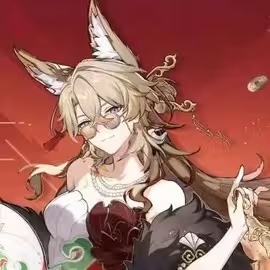 this is fanart of yaoyao from genshin impact. she is depicted as a young woman with fox ears and long blonde hair. she's wearing a red and black dress and various jewelry and glasses.  she has a graceful and elegant pose, and the overall style is animeinspired. the background is a muted red. the art style is clean and detailed, with a focus on her expression and attire.