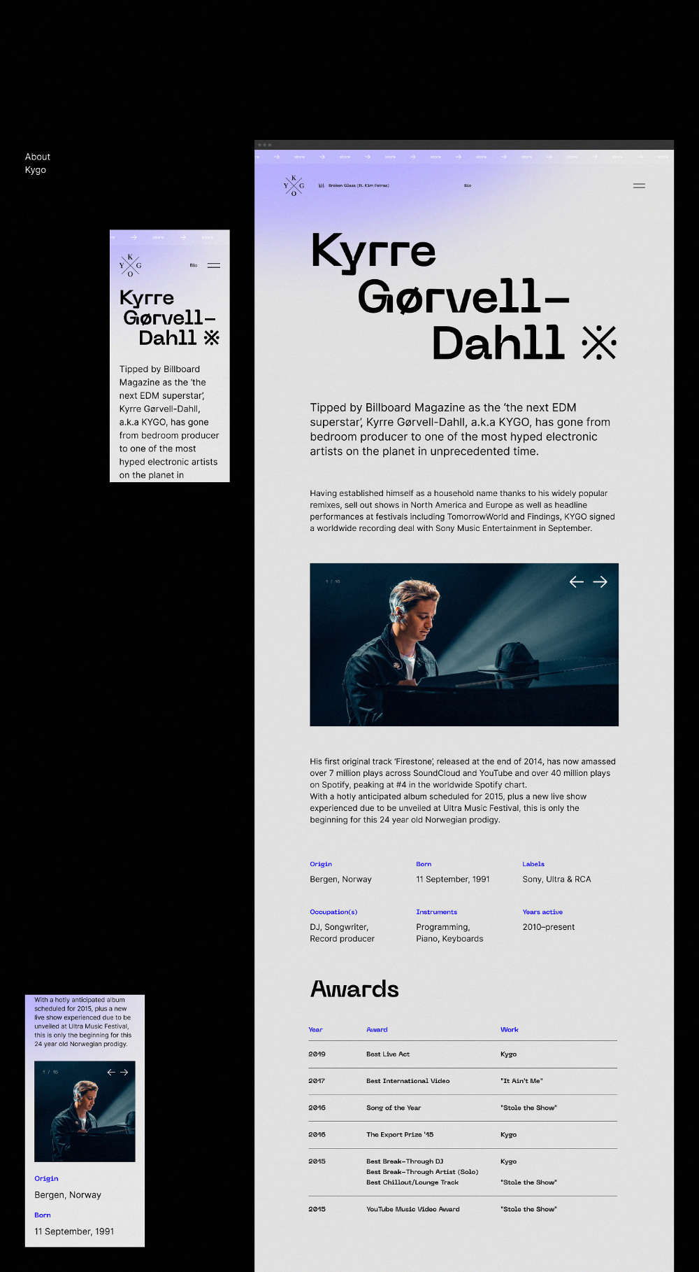 the image shows a website page about a music artist. the top part features the artist's name and a brief introduction. the middle part shows a photo of the artist and an overview of his career. the bottom part lists awards and accolades. the text is in black, and the background is white.