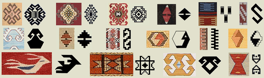 the image contains a collection of various motifs and patterns commonly found in kilims, rugs, and other woven textiles. these designs are primarily geometric and abstract, showcasing traditional and tribal influences. the image features a mix of colored rug samples and simplified black and white representations of the same patterns.