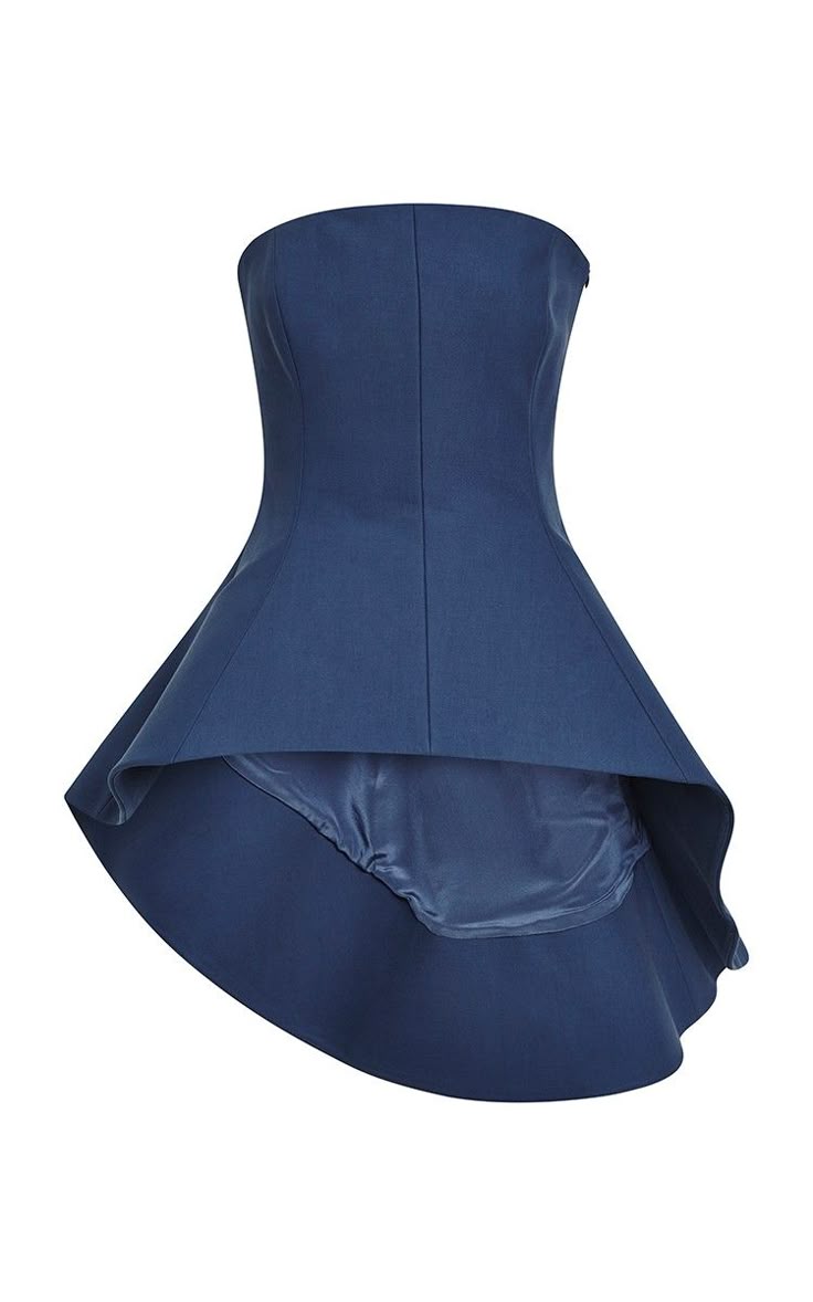 a strapless, blue dress with an asymmetrical hem and a peplum. the dress is shown on a white background.