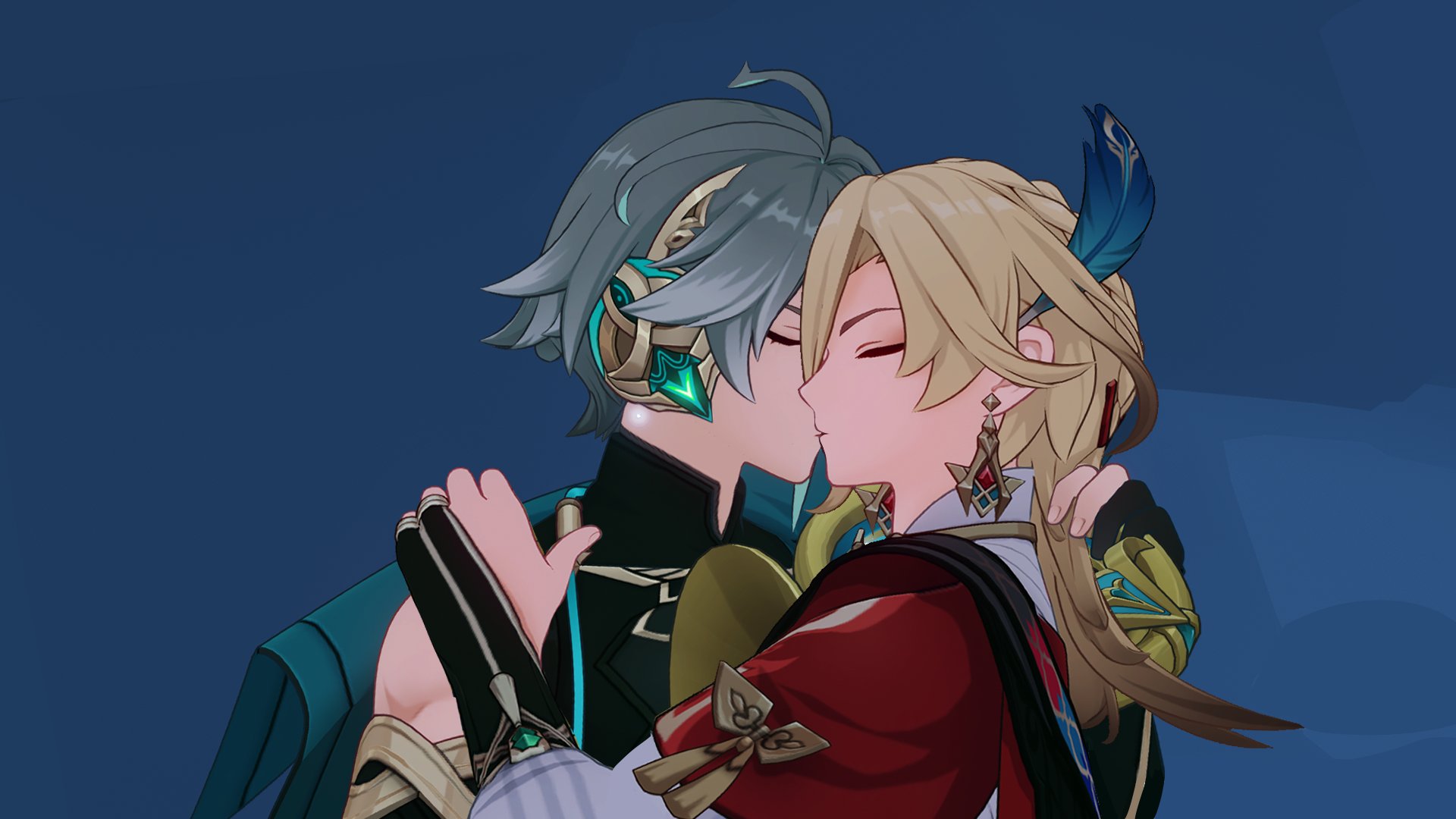 the image features two characters from the video game genshin impact, a male character with silver hair and a female character with blonde hair. the male character is leaning in close to the female character, who is looking at him with closed eyes, and their faces are almost touching. the male character is wearing a dark blue and green costume with gold accents, while the female character is wearing a red and gold dress with a blue feather in her hair. they appear to be on the verge of a kiss, creating a romantic and intimate atmosphere. the background is a solid blue color, which helps to emphasize the characters and the moment. the image is a beautiful and emotional portrayal of love and intimacy in a video game context.